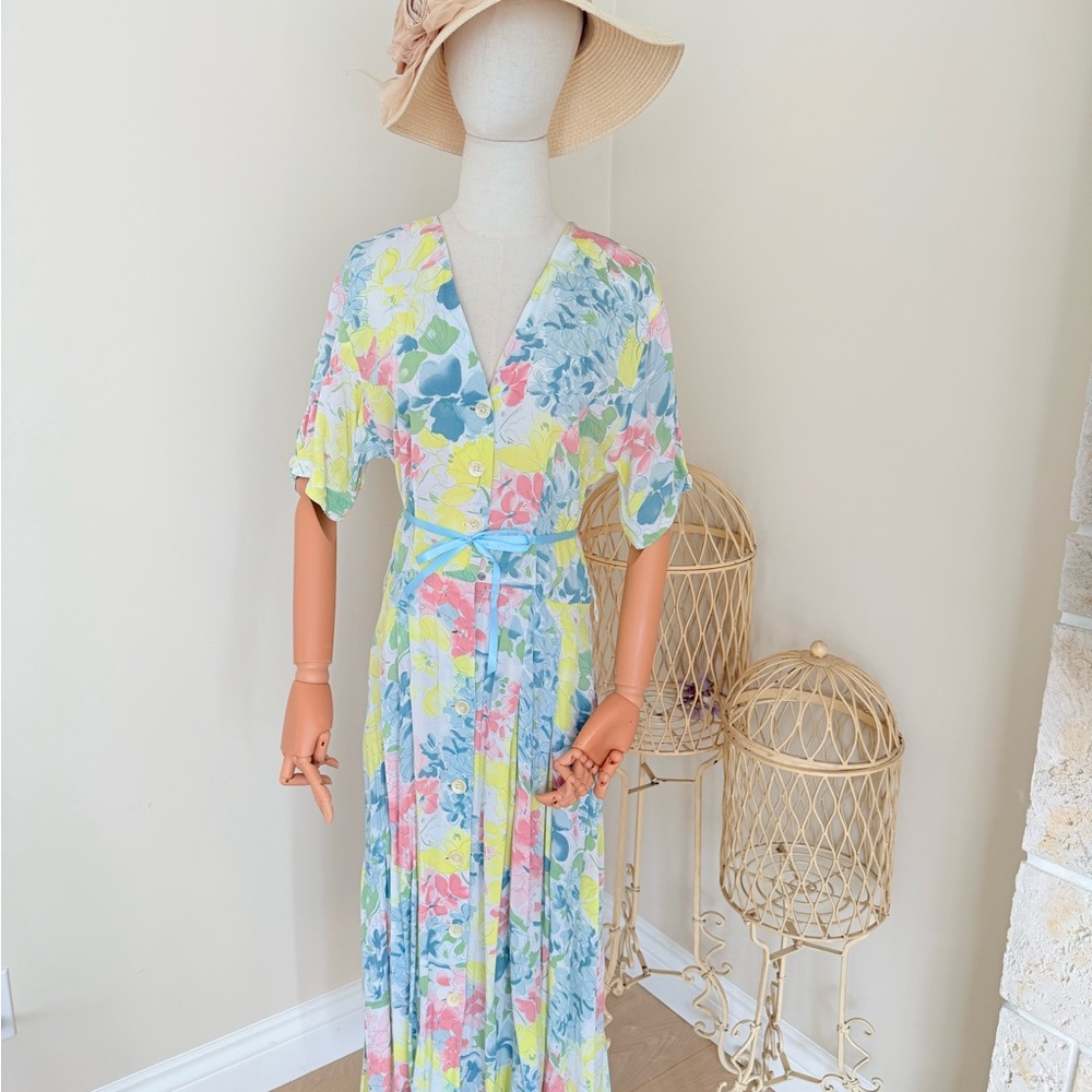 Vintage Floral Pastel Wrap Maxi Dress - Yellow Blue Pink cottagecore dress